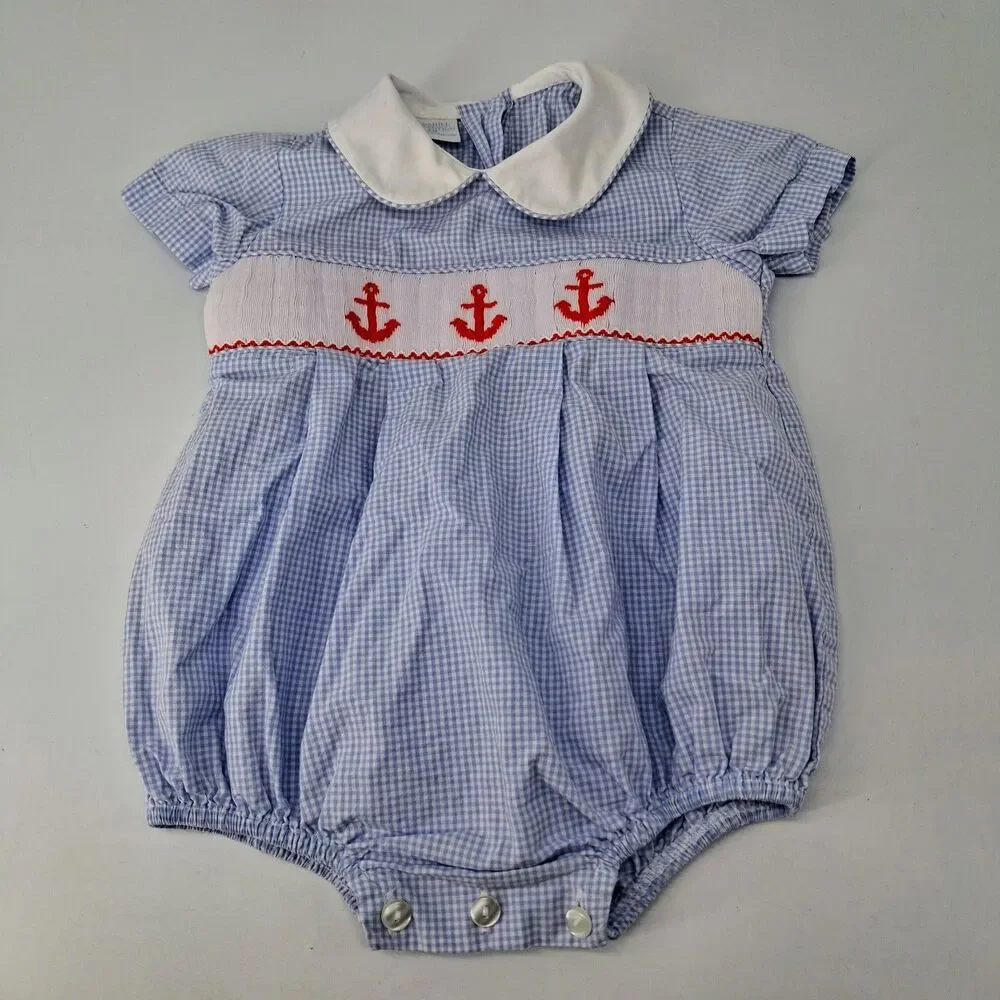 Edgehill Collection Smocked Anchor Bodysuit 3M Blue Check Peter Pan Collar